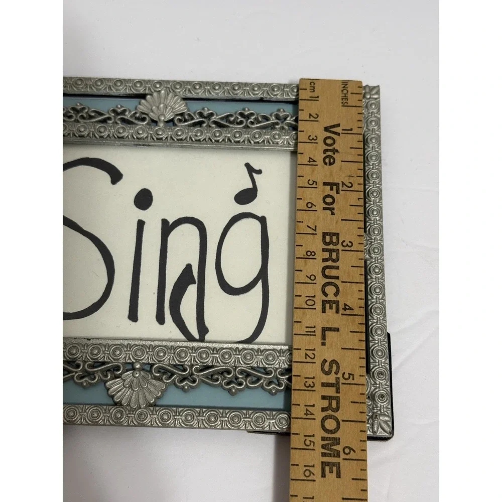 Vintage Ornate Metal Photo Frame With Blue Mat 5x7 